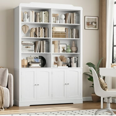 Homfa 73'' Double Wide 6-Tier Bookcase with 4 Doors, 8 Cubes Wood Display Bookshelves with Adjustable Shelves for Home Office, White