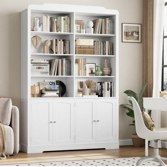 Homfa 73'' Tall Bookcase with 4 Doors, 6-Tier 8 Cubes Display Bookshelf, Double Row Bookcase with Adjustable Shelves for Living Room Home Office, White