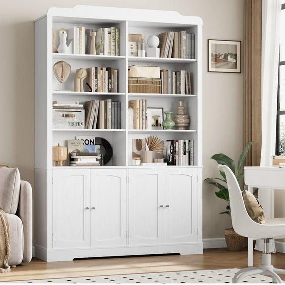 Homfa 73'' Tall Bookcase with 4 Doors, 6-Tier 8 Cubes Display Bookshelf, Double Row Bookcase with Adjustable Shelves for Living Room Home Office, White