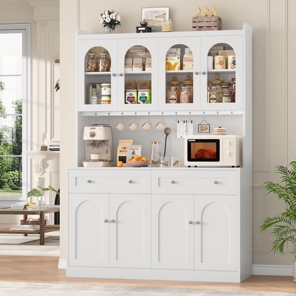 Homfa 73" Kitchen Pantry with Glass Doors, Freestanding Kitchen Cupboard with 2 Drawers & Microwave Hutch, Wood Storage Cabinet for Dining Living Room, White