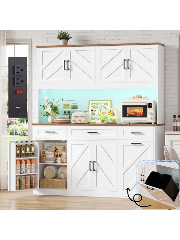 73'' Kitchen Pantry Cabinet with Charge Station & Trash Can Cabinets Fits 13 Gallon Can, 8 Door 3 Drawer Kitchen Hutch Storage Cabinet with Rgb Light, Freestanding Cupboard, White