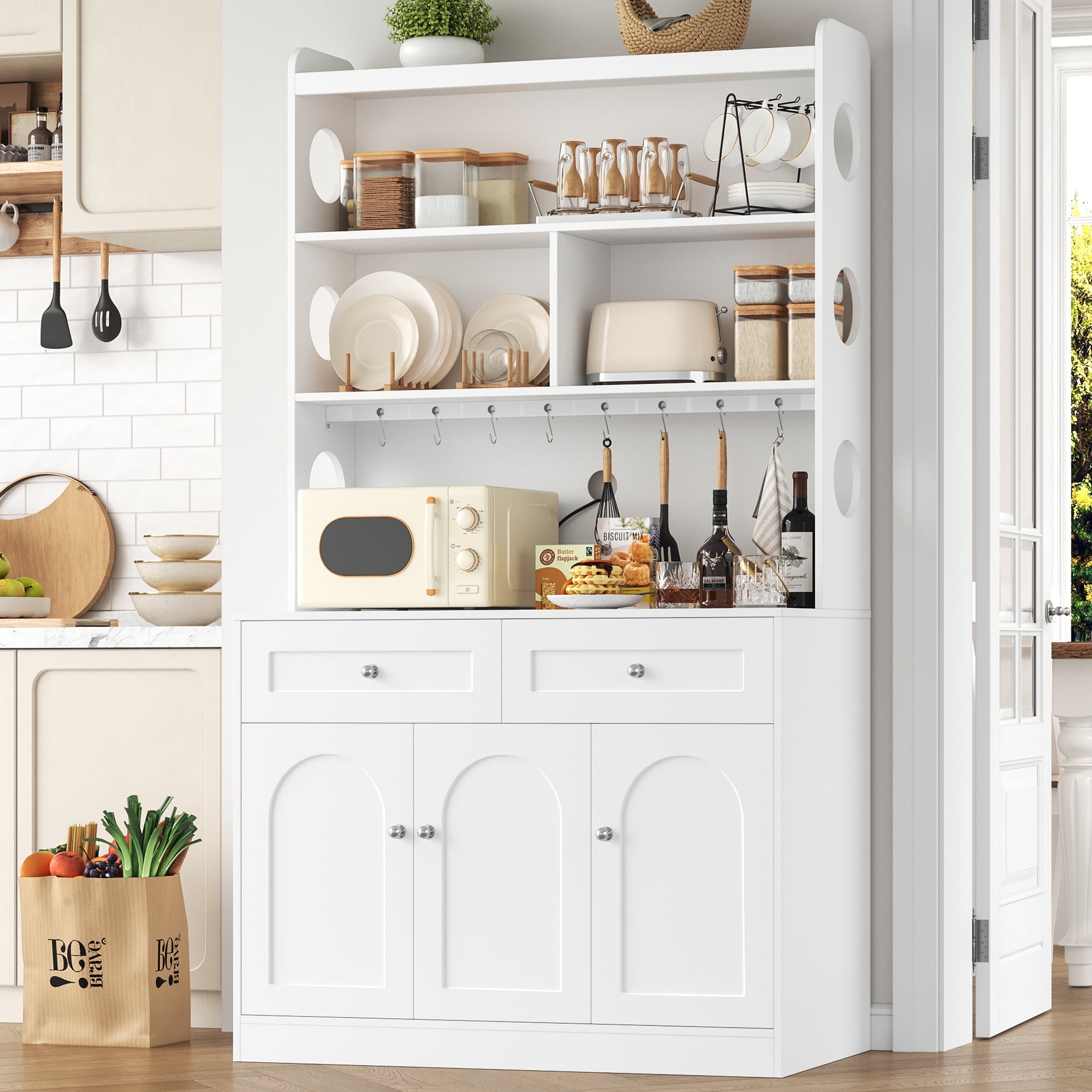 Homfa 73 Kitchen Pantry Storage Cabinet with 2 Drawers Freestanding Hutch Cupboard with Large Countertop White
