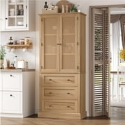 Homfa 73''Kitchen Pantry with 3 Drawers & Adjustable Shelves, Rattan Door Storage Cabinet with Removable Wine Rack, Oak