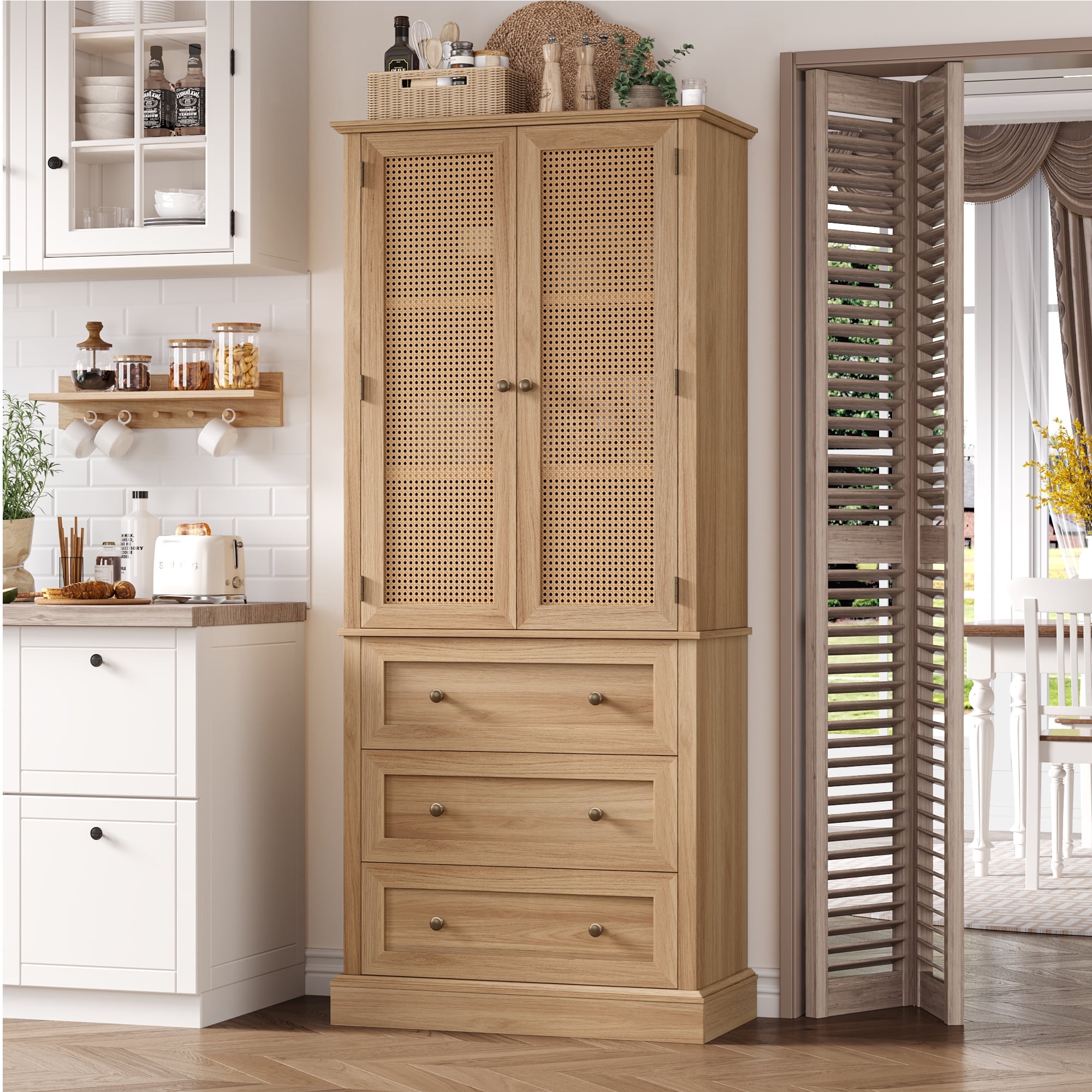 Tall Oak Freestanding Pantry Cabinet with Rattan Doors and Adjustable Shelves
