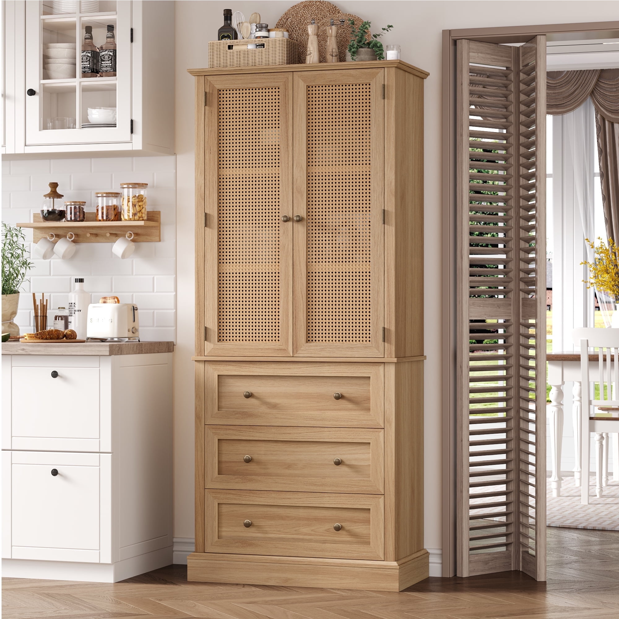 Tall Oak Freestanding Pantry Cabinet with Rattan Doors and Adjustable Shelves