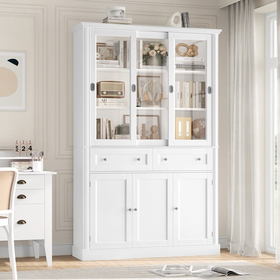 Homfa White Bookcase with Sliding Glass Doors, 73.5" Standard Bookcase with 2 Drawers, 5-tier Freestanding Storage Cabinet for Home Office Living Room