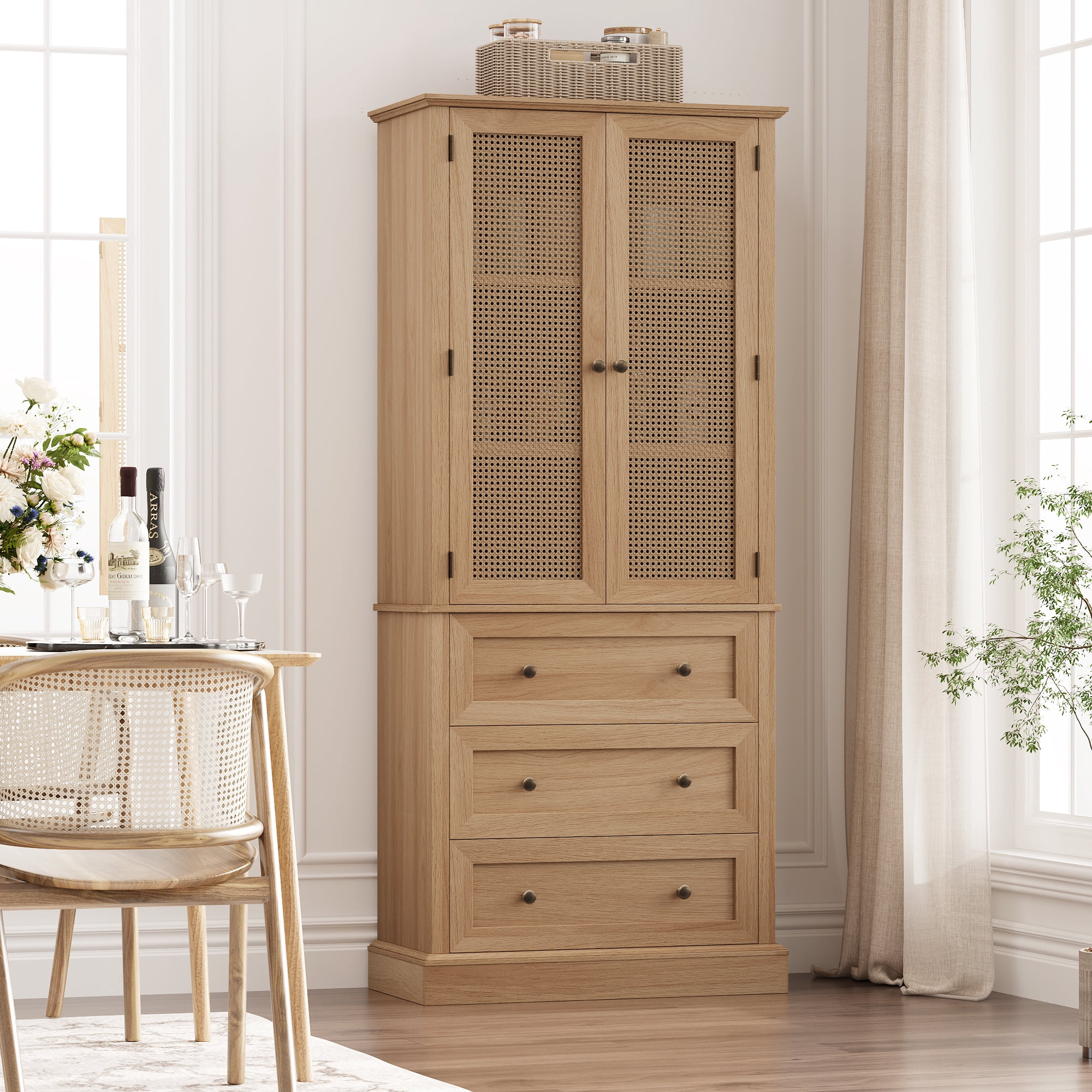 Homfa 73''Kitchen Pantry with 3 Drawers & Adjustable Shelves, Rattan Door Storage Cabinet with Removable Wine Rack, Oak