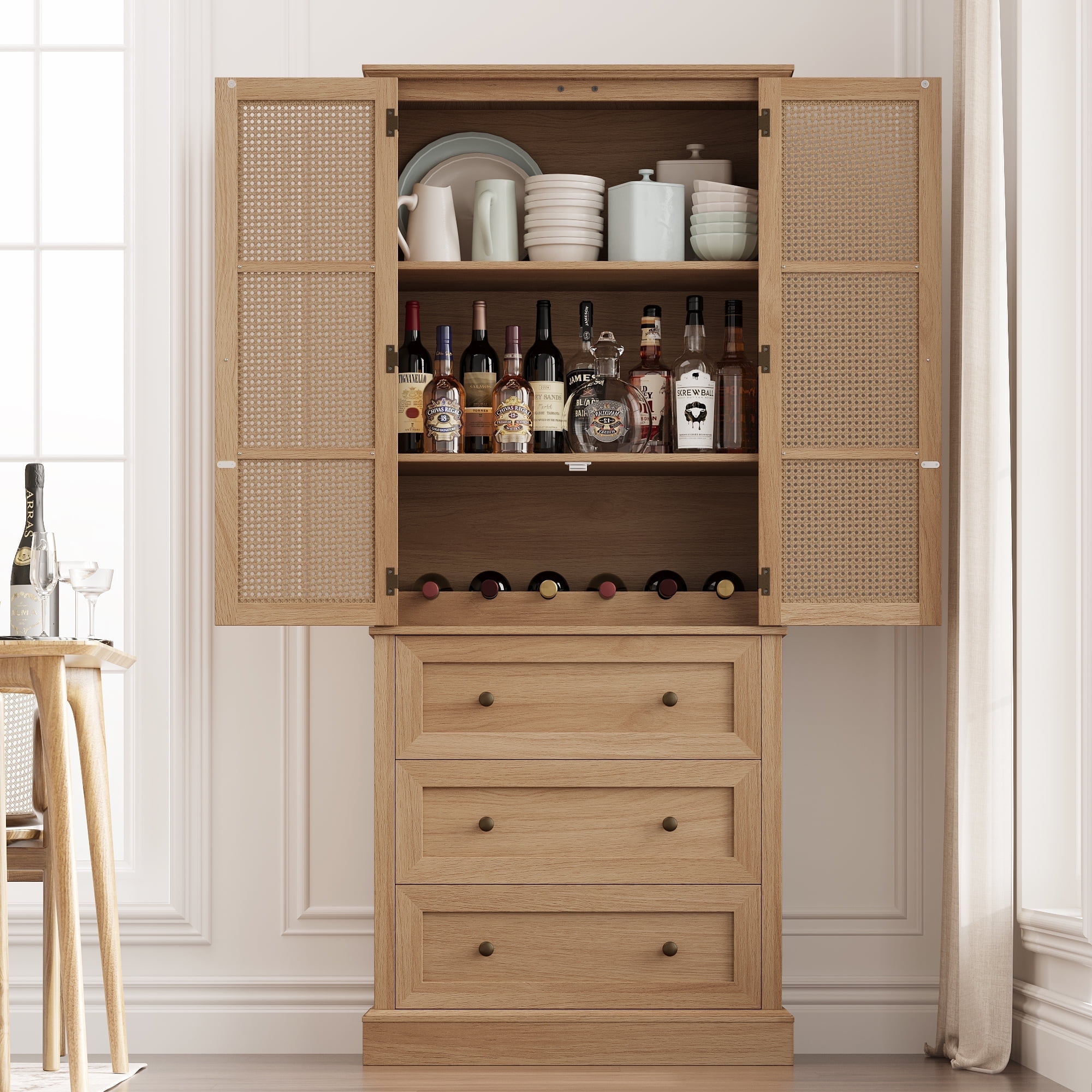 Tall Oak Freestanding Pantry Cabinet with Rattan Doors and Adjustable Shelves