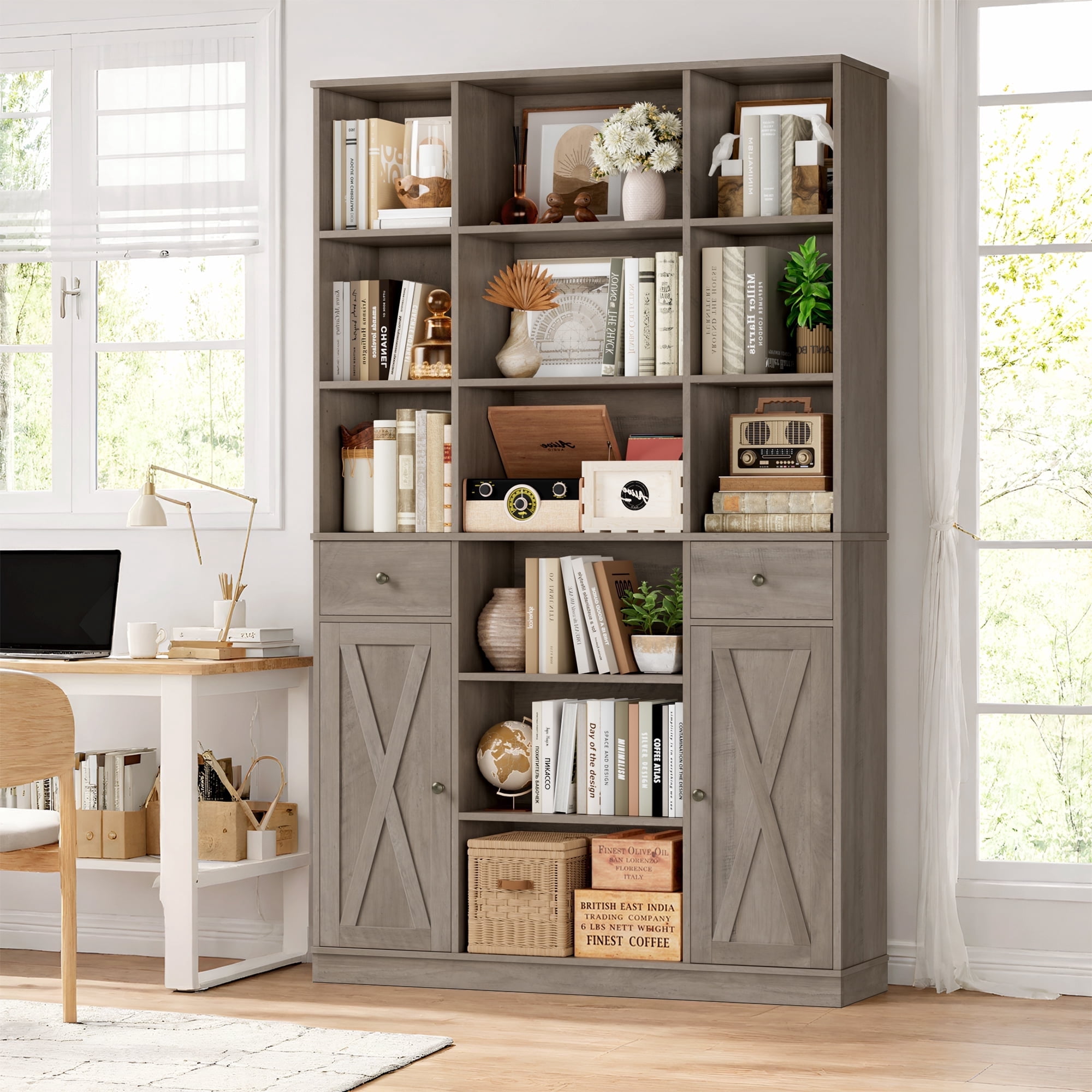 Homfa 74.2" Tall Bookcases with 2 Drawers & Adjustable Book Shelf, 6 Tier Wooden Display Bookshelf Storage for Living Room Home Office, Gray