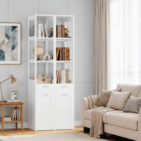 Homfa 71" Tall Bookcase Set of 2, Rolling Storage Cart & 3 Tier Open Shelves & 1 Drawer Wooden Storage Bookshelf for Living Room Office Small Space, White