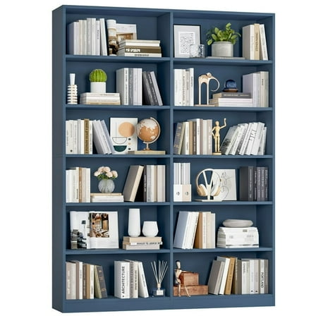 Homfa 74.3” Double Wide 6-Tier Bookcase, Extra Large Wooden Freestanding Display Bookshelf for Home Office Living Room, Blue