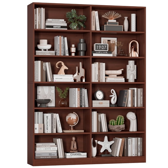 Homfa 74.3"H Double Wide 6-Tier Bookcase, Freestanding Standard Display Bookshelf with 12 Open Compartments for Home Office Living Room, Cherry