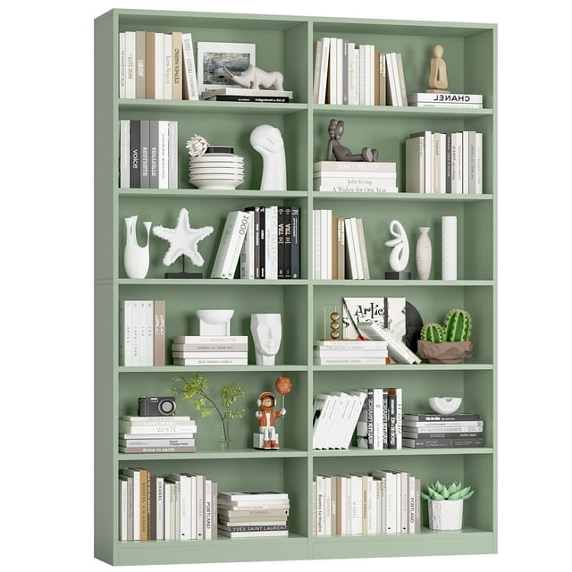 Homfa 74.3” Double Wide 6-Tier Bookcase, Extra Large Wooden Freestanding Display Bookshelf for Home Office Living Room, Green