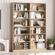 Homfa 74.3” Double Wide 6-Tier Bookcase, Extra Large Wooden Freestanding Display Bookshelf for Home Office Living Room, Light Oak