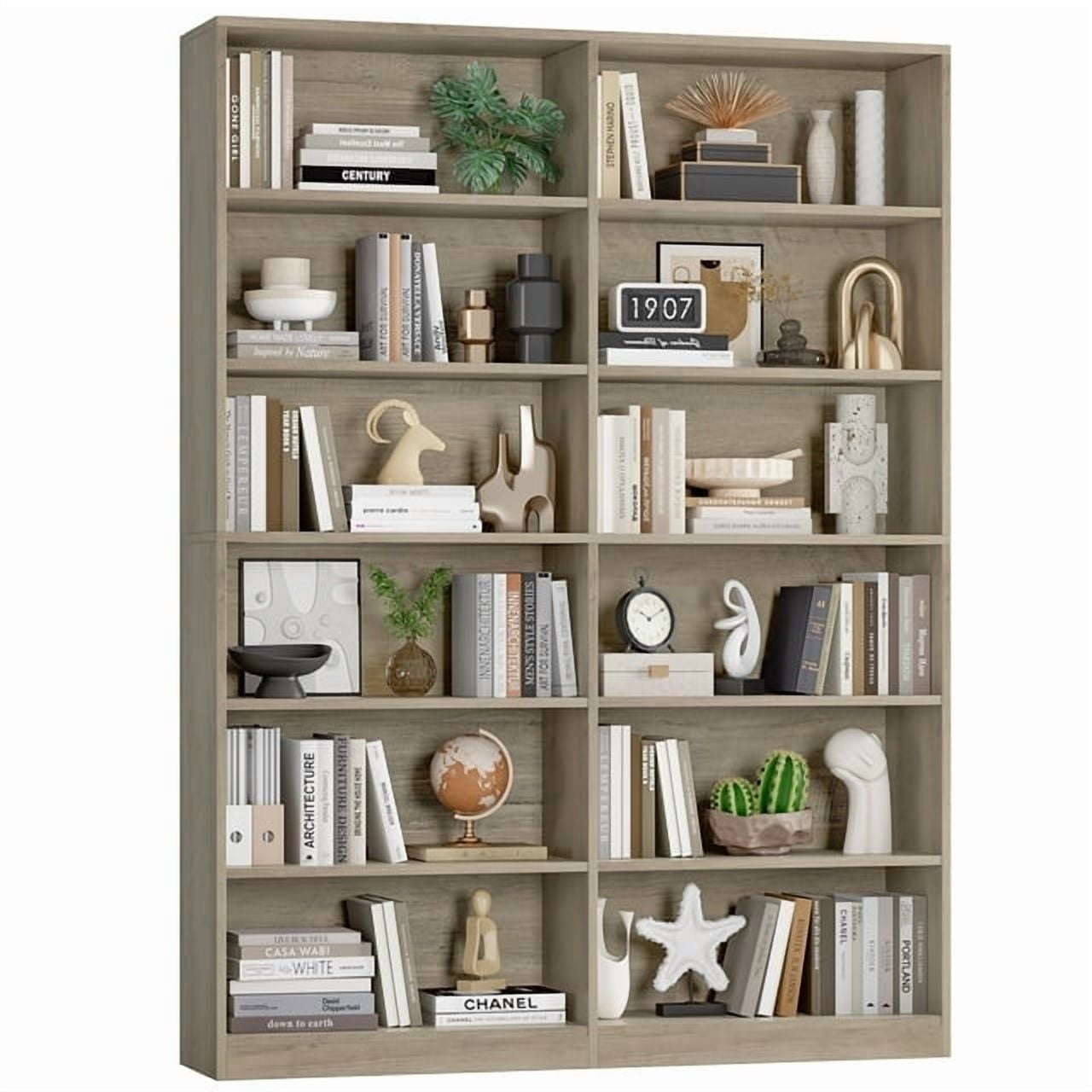 Homfa 74.3” Double Wide 6-Tier Bookcase, Extra Large Wooden Freestanding Display Bookshelf for Home Office Living Room, Gray - Walmart.com