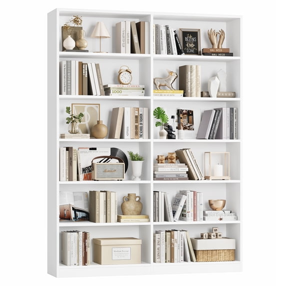 Homfa 74.3” Double Wide 6-Tier Bookcase, Extra Large Wooden Freestanding Display Bookshelf for Home Office Living Room, White