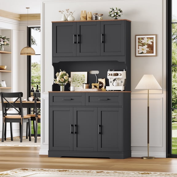 Homfa 74"H Pantry Cabinet with Hutch, Tall Kitchen Storage Cabinet with Microwave Stand and Drawers for Living Room, Dining Room, Black