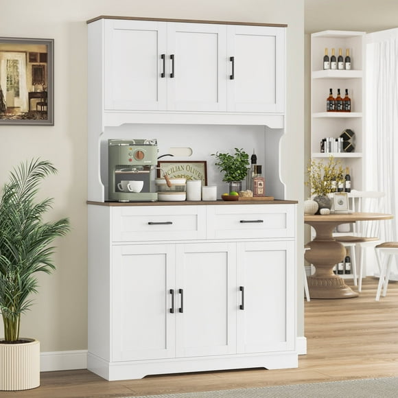 Homfa 74"H Pantry Cabinet with Hutch, Tall Kitchen Storage Cabinet with Microwave Stand and Drawers for Living Room, Dining Room, White