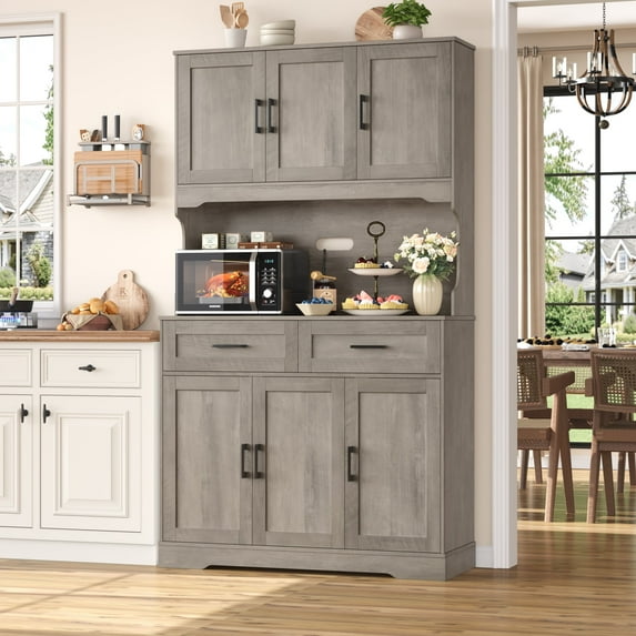 Homfa 74" Pantry Cabinet with Hutch, Tall Kitchen Storage Cabinet with Microwave Stand and Drawers for Living Room, Dining Room, Gray