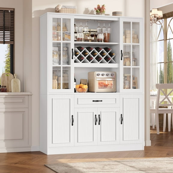 Homfa 74‘’ Tall Kitchen Pantry Cabinet, 6 Doors Storage Cabinet with Wine Rack and Adjustable Shelves, Kitchen Food Cabinets with Hutch & Drawer, White