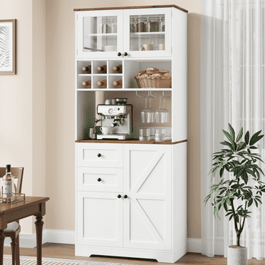 Homfa 75.2'' Kitchen Pantry Storage Cabinet with Wine Rack & Adjustable Shelf, 2 Drawer Modern Farmhouse Buffet with Glass Door for Dining Room Living Room, White