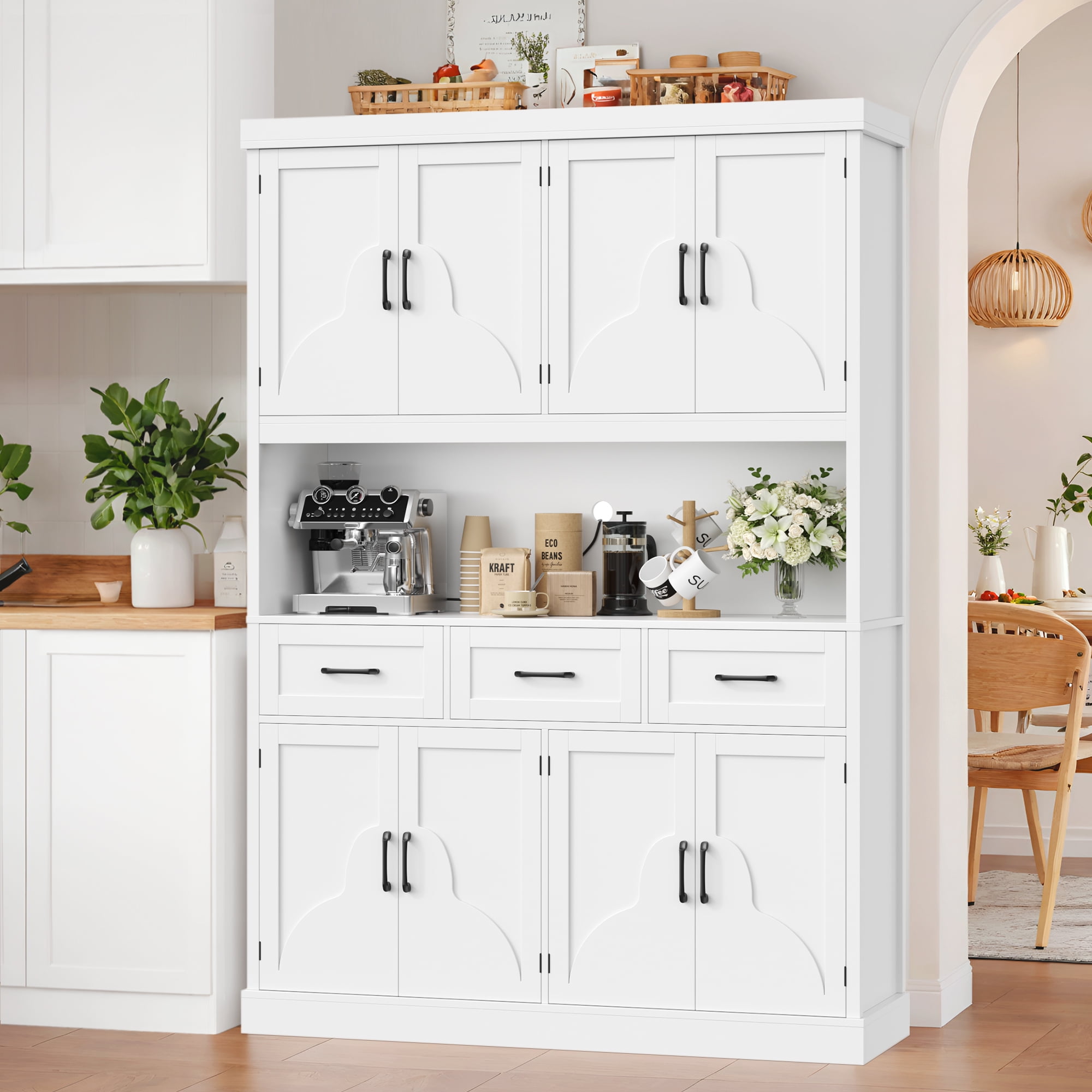 Homfa 76" Tall Kitchen Pantry Cabinet, Modern Storage Cabinet with Microwave Stand, Freestanding Cupboard with 3 drawers, Hutch Cabinet for Living Dining Room, White