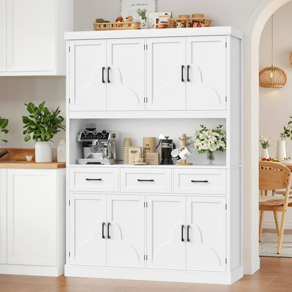 Homfa 76" Tall Kitchen Pantry Cabinet, Modern Storage Cabinet with Microwave Stand, Freestanding Cupboard with 3 drawers, Hutch Cabinet for Living Dining Room, White