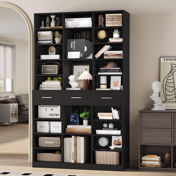 Homfa 75'' Bookshelf and Bookcase with 3 Drawers, Wooden Storage Book Shelf with Adjustable Shelves For Living Room, Home Office, Black