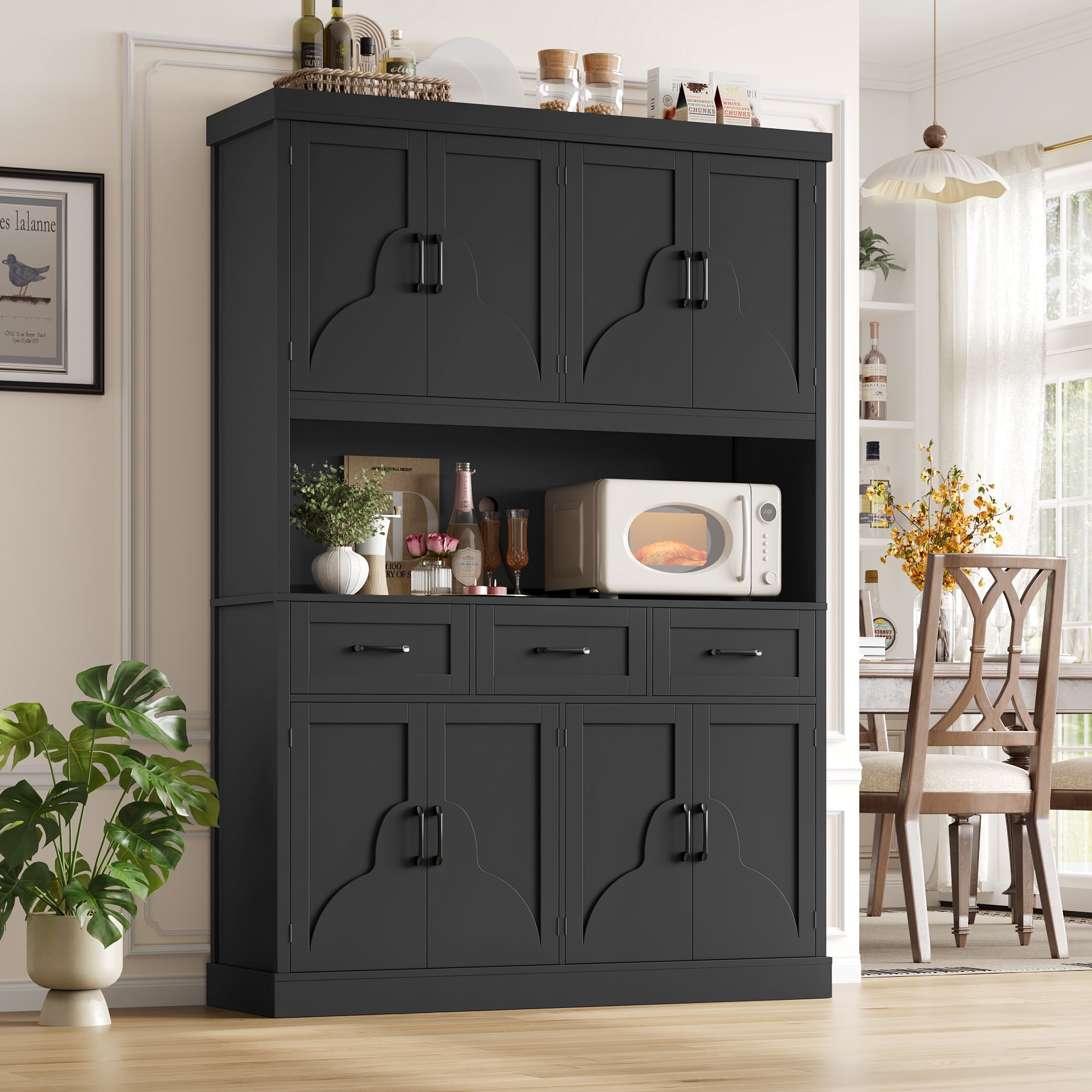 Homfa 76" Tall Kitchen Pantry Cabinet, Modern Storage Cabinet with Microwave Stand, Freestanding Cupboard with 3 drawers, Hutch Cabinet for Living Dining Room, Black