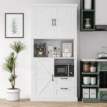 Homfa 76" Tall Kitchen Pantry, Free-standing Wood Storage Cabinet with Farmhouse Barn Doors for Dining Room, White