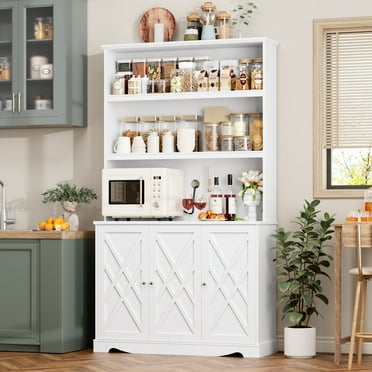 Homfa 77.2” Kitchen Pantry Cabinet with Microwave Stand, 3 Door Hutch Storage Cabinet with Shelves for Kitchen Living Room, White