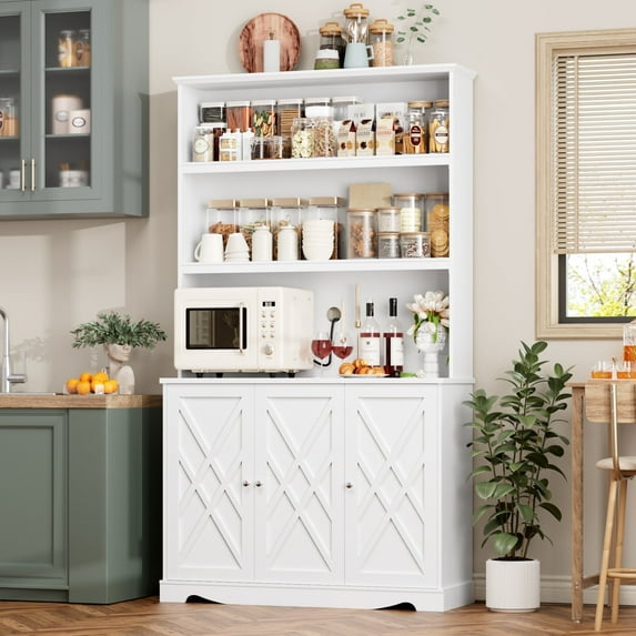 Homfa 77.2” Kitchen Pantry Cabinet with Microwave Stand, 3 Door Hutch Storage Cabinet with Shelves for Kitchen Living Room, White