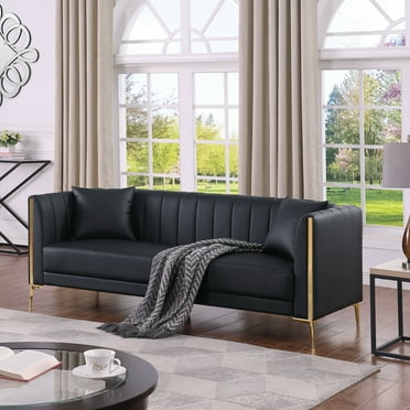 Homfa 77.6" 3 Seater Sofa, Modern PU Leather Couch with Golden Legs & Armrests & 2 Pillows for Business Office, Black