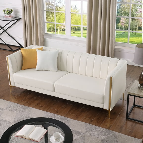 Homfa 77.6" 3 Seater Sofa, Modern PU Leather Couch with Golden Legs & Armrests & 2 Pillows for Business Office, Cream White