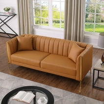 Homfa 77.6" 3 Seater Sofa, Modern PU Leather Couch with Golden Legs & Armrests & 2 Pillows for Living Room, Brown