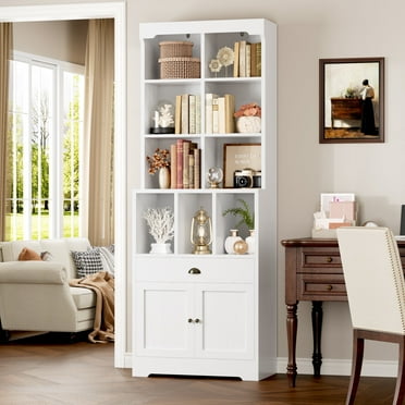 Homfa 79.9" Tall Bookcases with File Compartments, 6 Tier Wooden Bookshelf with Cabinet & Drawer for Office Living Room, White