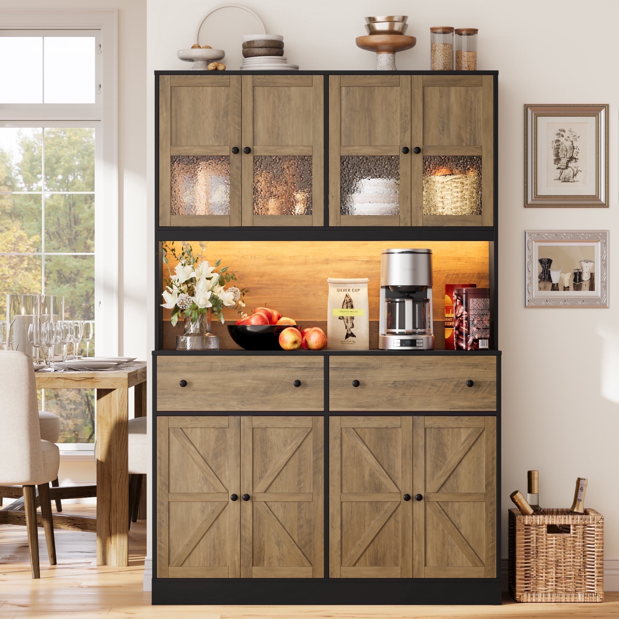 Homfa 71" Tall Kitchen Pantry Cabinet with LED Lights & Charging Station, MDF Freestanding Storage Cupboard with 8 Doors 2 Drawers, Buffet Cabinet with Storage for Dining Living Room, Black & Oak