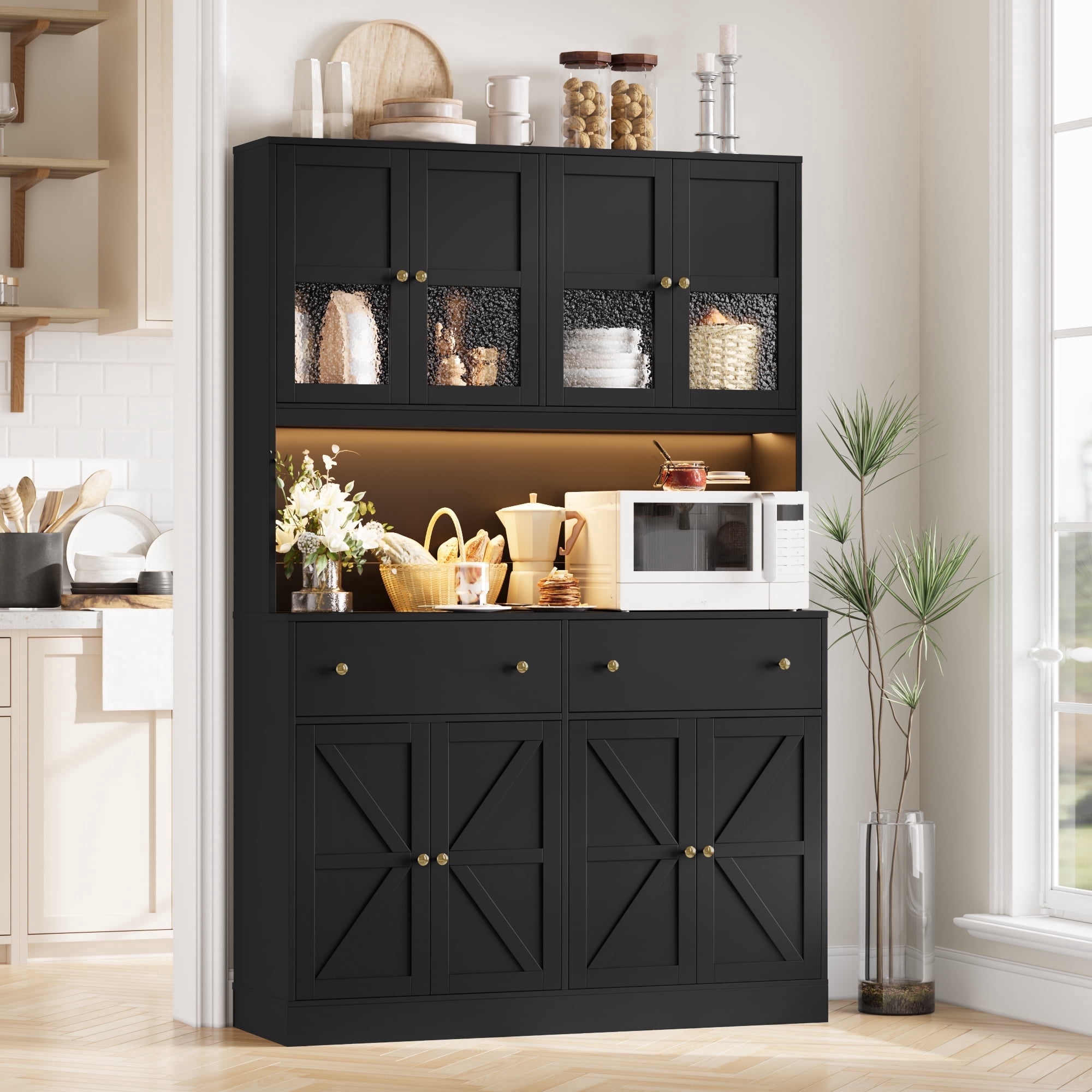 Homfa 8 Door Kitchen Pantry Cabinet with 2 Drawer, 71" LED Buffet Cabinet with & Charging Station & USB Port, Black