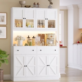 Homfa 71" Tall Kitchen Pantry Cabinet with LED Lights & Charging Station, MDF Freestanding Storage Cupboard with 8 Doors 2 Drawers, Buffet Cabinet with Storage for Dining Living Room, White