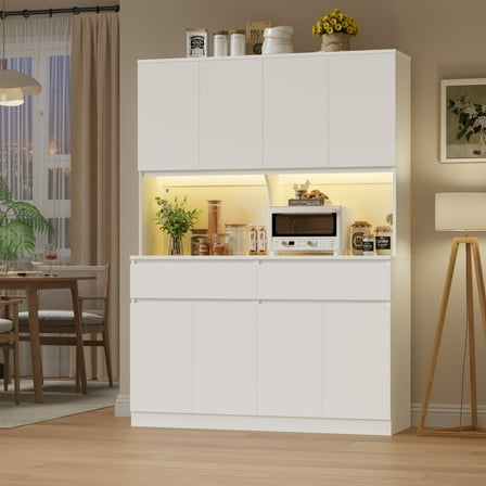 Homfa 8-Door Pantry Cabinet with 2 Drawers, LED Hutch Cabinet Adjustable Shelves for Kitchen Dinning Room, White