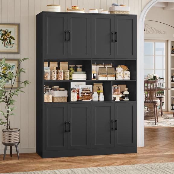Homfa 8 Door Pantry Cabinet with Adjustable Shelves，71”H Storage Cabinet with Open Cubes for Kitchen, Dining Room, Black
