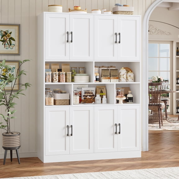 Homfa 8 Door Pantry Cabinet with Adjustable Shelves，71”H Storage Cabinet with Open Cubes for Kitchen, Dining Room, White