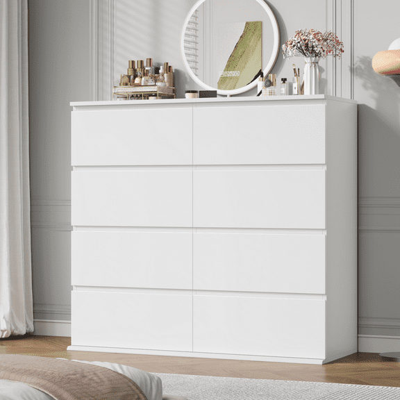 Homfa 8 Drawer Double Dresser, White Horizontal Dresser Chest with Easy Pull Bevel Handle for Bedroom