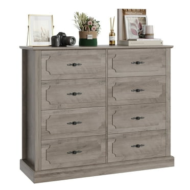 Homfa 8 Drawer Double Dresser for Bedroom, Modern Farmhouse Wood Storage Cabinet Chest for Living Room, Gray