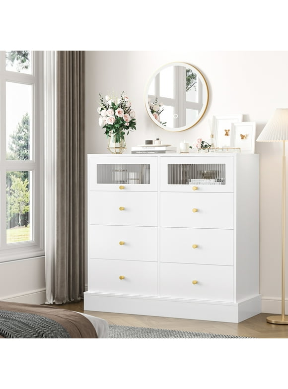 Homfa 8 Drawer Double Dresser for Bedroom, Wood Chest of Drawers Storage Cabinet with 2 Glass Doors & Sturdy Base, White