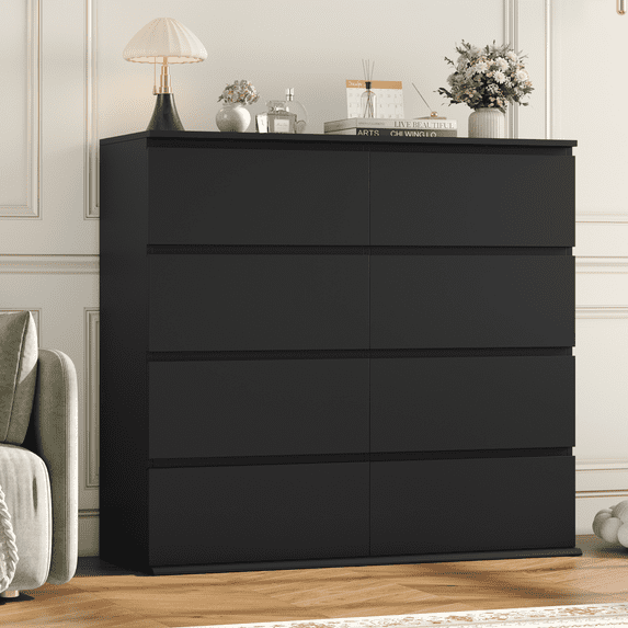 Homfa 8 Drawer Dresser for Bedroom, 41.3" Horizontal Dresser Chest with Easy Pull Bevel Handle, Storage Cabinet for Living Room, Black
