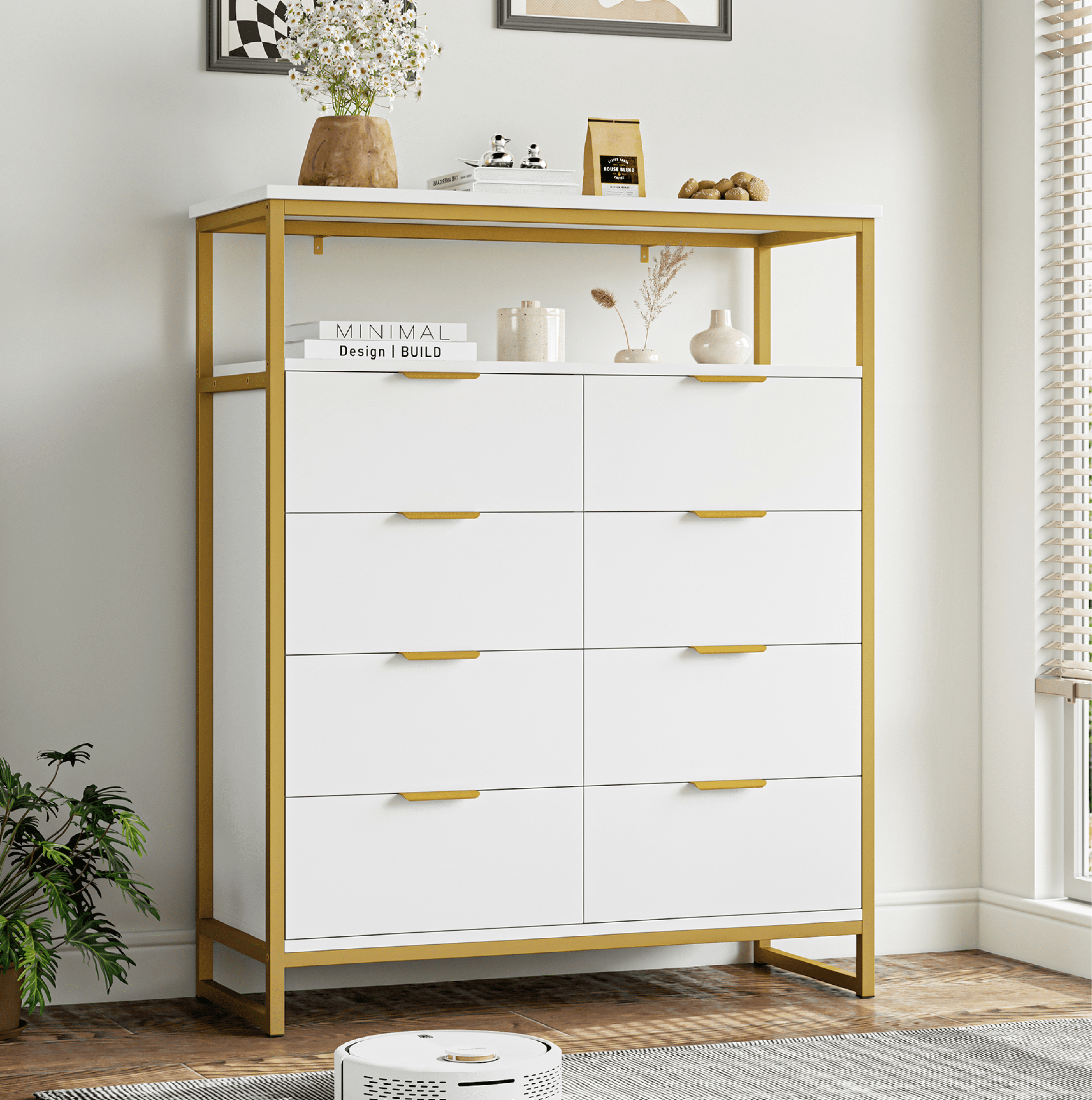 Homfa 8 Drawer Dresser for Bedroom, Modern Wood Storage Cabinet with Shelf for Living Room, White Gold