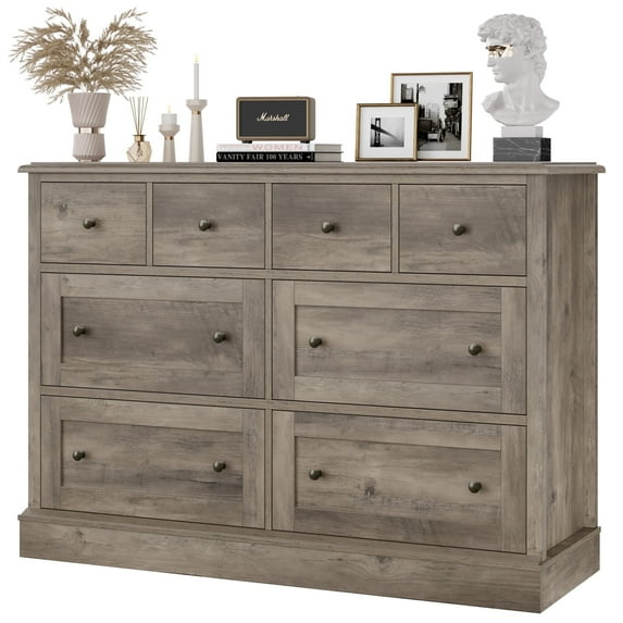 Homfa 8 Drawer Horizontal Combo Dresser for Bedroom, Modern Chest of Drawers Wood Storage Cabinet for Living Room, Gray
