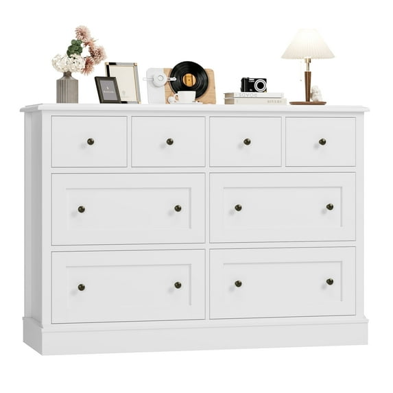 Homfa 8 Drawer Horizontal Combo Dresser for Bedroom, Modern White Chest of Drawers Wood Storage Cabinet for Living Room