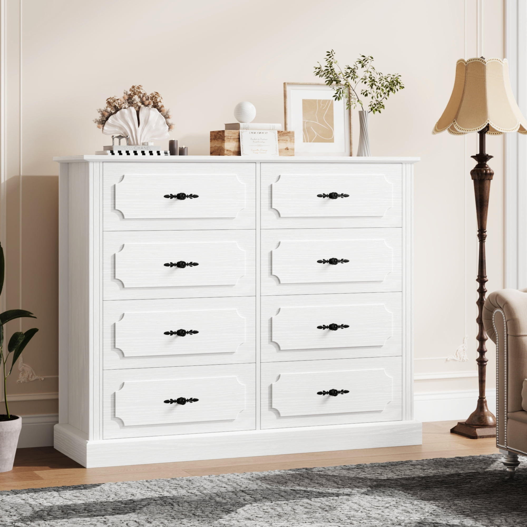Homfa 8 Large Drawer Horizontal Dresser for Bedroom, 47'' W Modern Wood Storage Cabinet Chest for Living Room, White